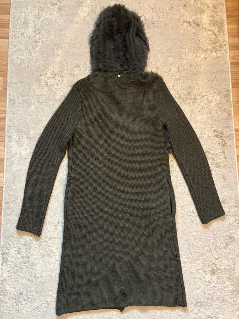 RUDSAK Olive Green Knit Longline Cardigan Real Fur Hood Duster Size Medium - Picture 12 of 16